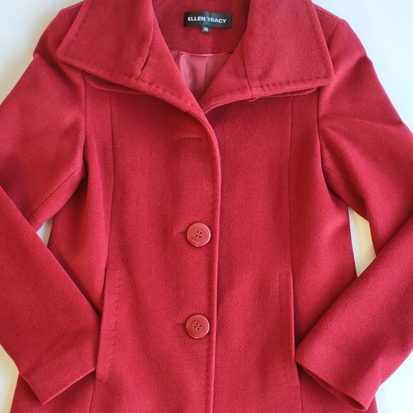 Ellen Tracy Luxurious Angora & Wool Pea Coat Ruby Red Classic Elegant Size XS - Picture 5 of 10